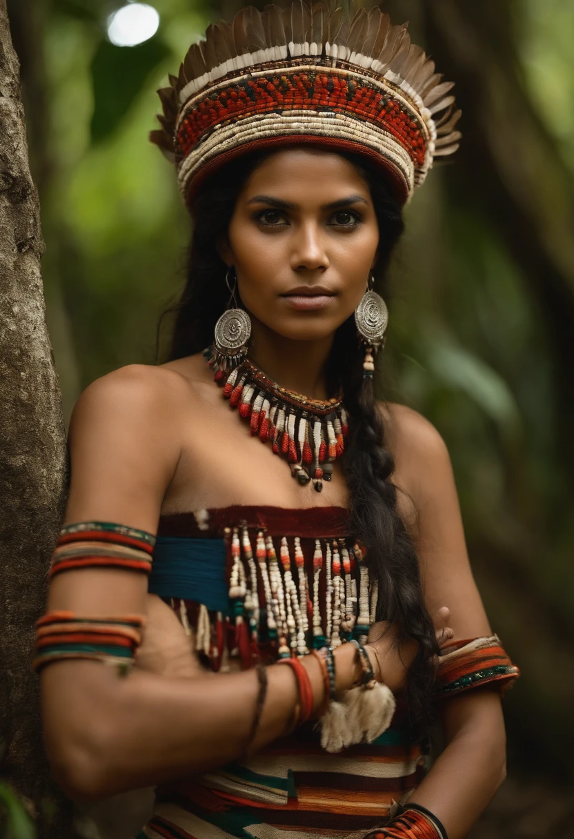 1 femme tribale, indigenous, anatomie parfaite, Corps entier, cheveux noirs, Impatient, Cheveux indiens amazoniens, Yeux occidentaux peints avec une bande rouge, porter uniquement avec une frange Yanomami , Utilisation de colliers de semences, Avec le corps peint en urucu, photoreallistic