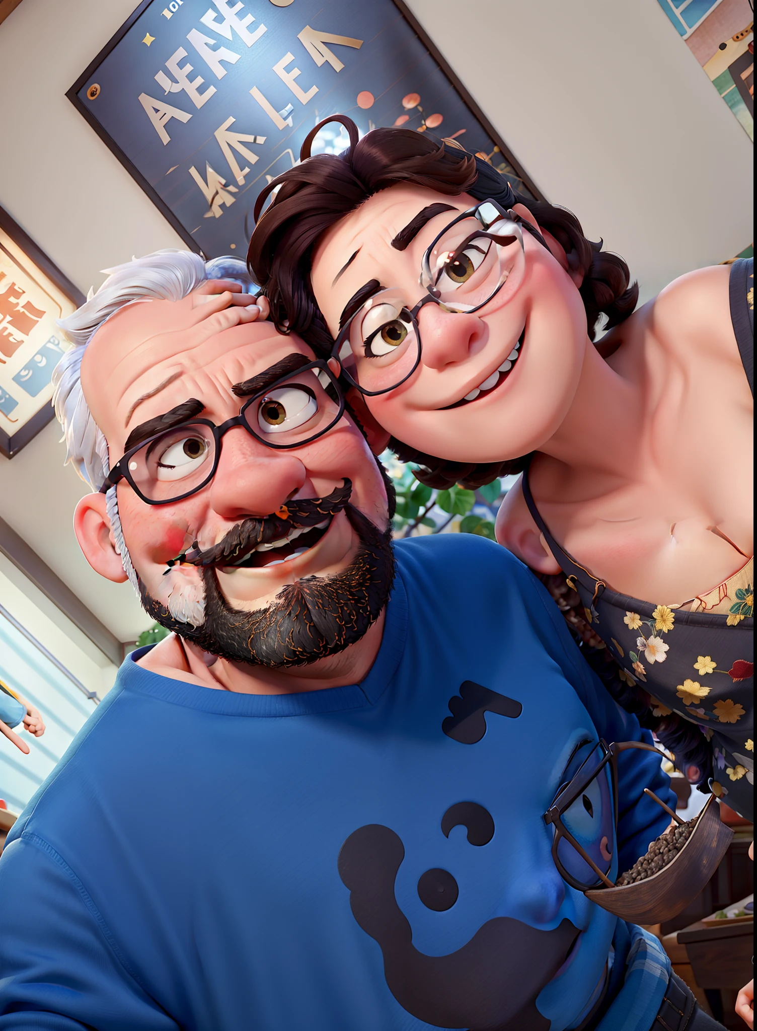 Pixar movie poster of a couple of young lovers taking a picture in Chinese restaurant. A menina tem cabelos claros e olhos castanhos, o menino tem bigode, Beard and glasses