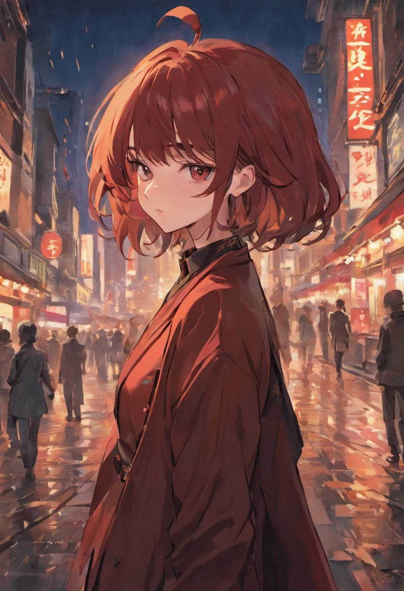 Create a highly detailed and visually captivating image of a sophisticated anime-style female character, aged around 20, with shiny dark hair and striking black eyes. She should be elegantly dressed in formal attire that exudes style and professionalism. The central focus of this artwork should be the anime's artistic style, emphasizing its unique characteristics and aesthetics. Place the character in an urban environment. This setting should exude a modern, metropolitan atmosphere. Make sure the character's pose and expression convey a sense of confidence and poise that complements their formal attire. Highlight the fine details of the character's facial features, capturing the essence of the anime style. The clothing should reflect the character's formality and sophistication, and the overall image should have a high level of realism and attention to detail, while retaining the essence of classic anime art. The urban background in shades of red and black should add to the overall visual impact and atmosphere of the artwork.