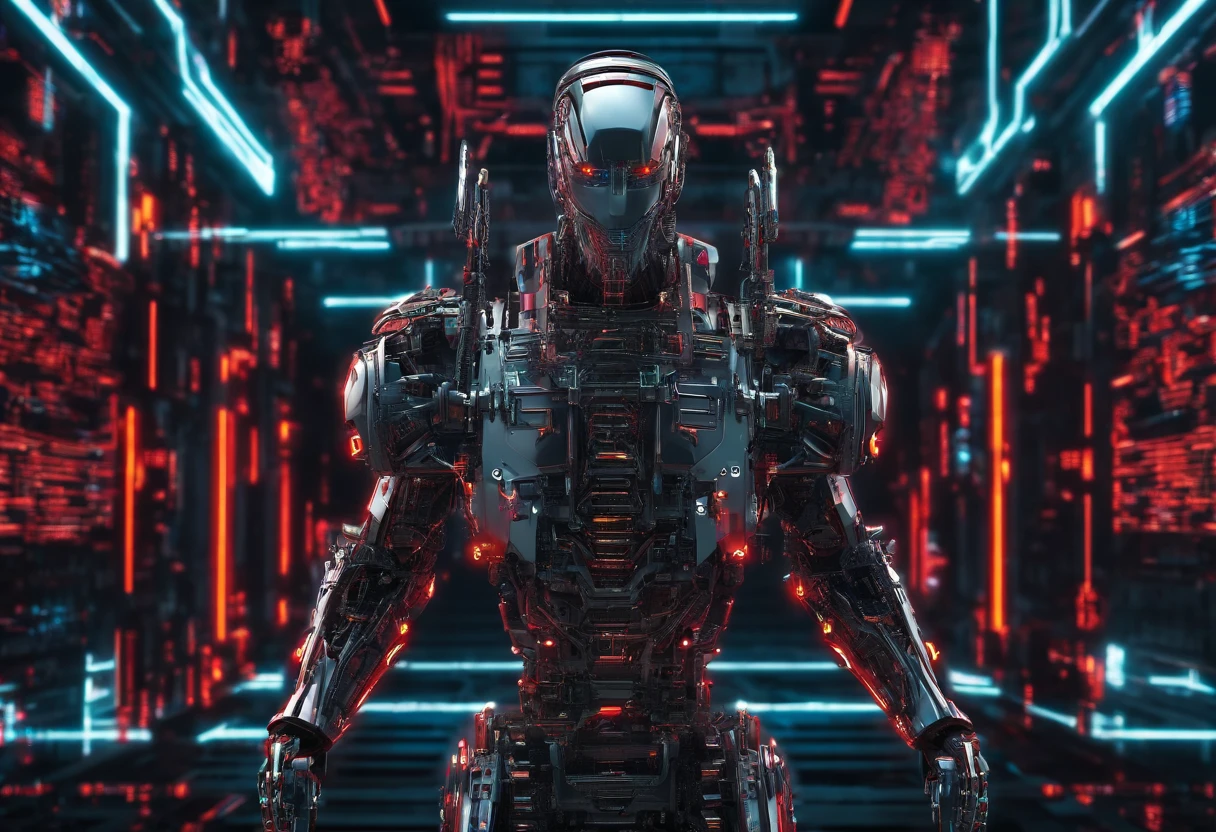 (Mechanical Warrior: 1.2), Cyberpunk, Close-up, Front view, Symmetrical left-right composition, (Red is the dominant color: 0.7),