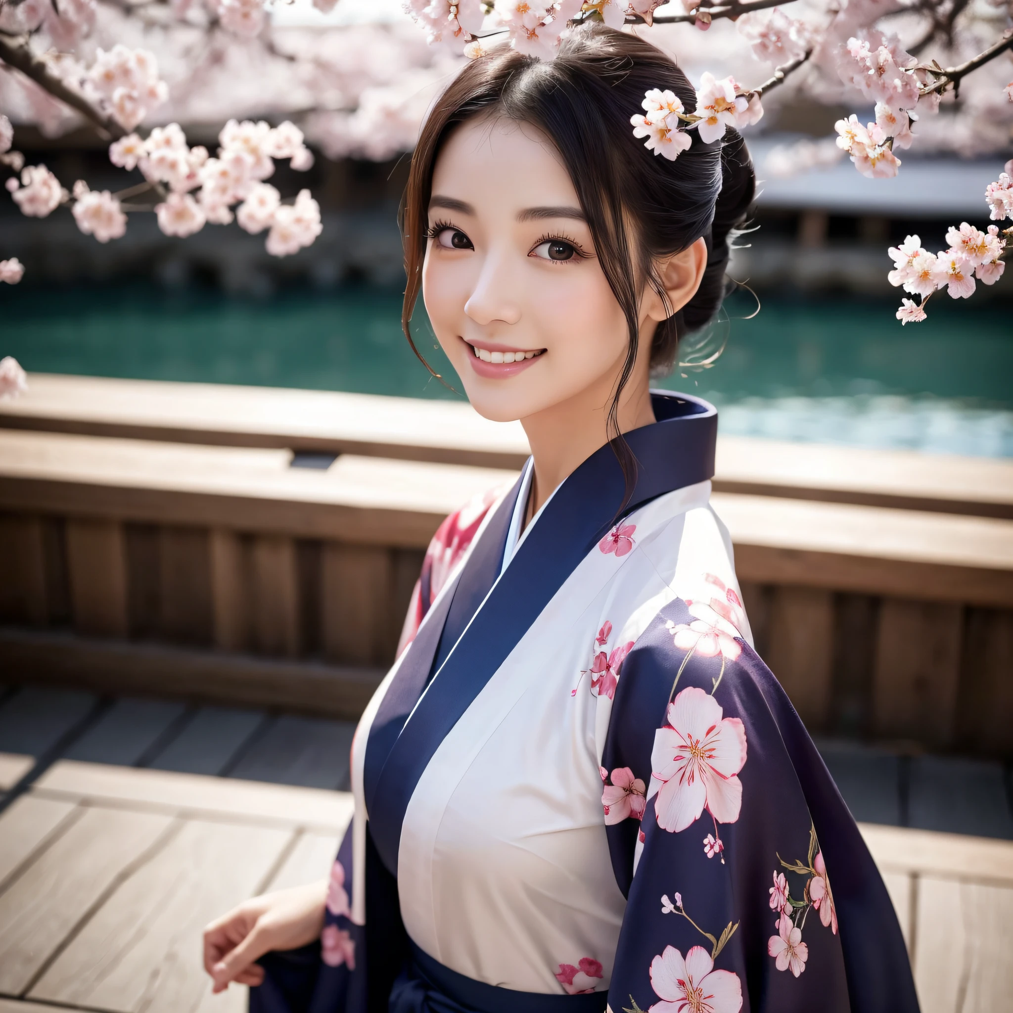 (Super beautiful woman in kimono)、((best qualtiy、8k masterpieces:1.3))、foco nítido:1.2、(ultra beautiful faces:1.0)、(shinny skin:1.0)、photos realistic、A dark-haired、Video Lighting、High-definition eyes and face、Video Lighting、Japanese actressl、from the front side、medium breasts、With a happy smile、Slender Abs Beauty、Whole body、wearing kimonos、cherry blossom in full bloom
