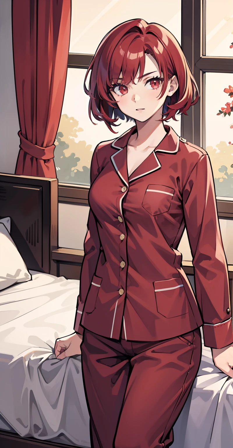 1girl, masterpiece, lady_nagant, short hair, red hair, red eyes, Medium breasts, Pajamas, bedroom