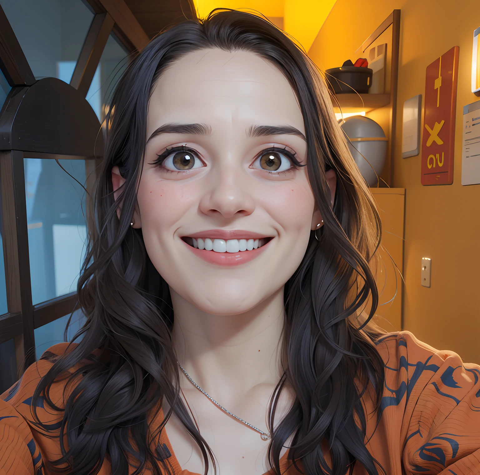 Mulher sorridente com cabelo longo e camisa laranja em uma cozinha, imagem de perfil, Directed by: Nandor Soldier, happily smiling at the camera, taken in the early 2020s, 3 0 anos de idade mulher, Mulher de 30 anos, fernanda suarez, Mulheres de 40 anos, 38 anos, 3 6 anos, retrato frontal