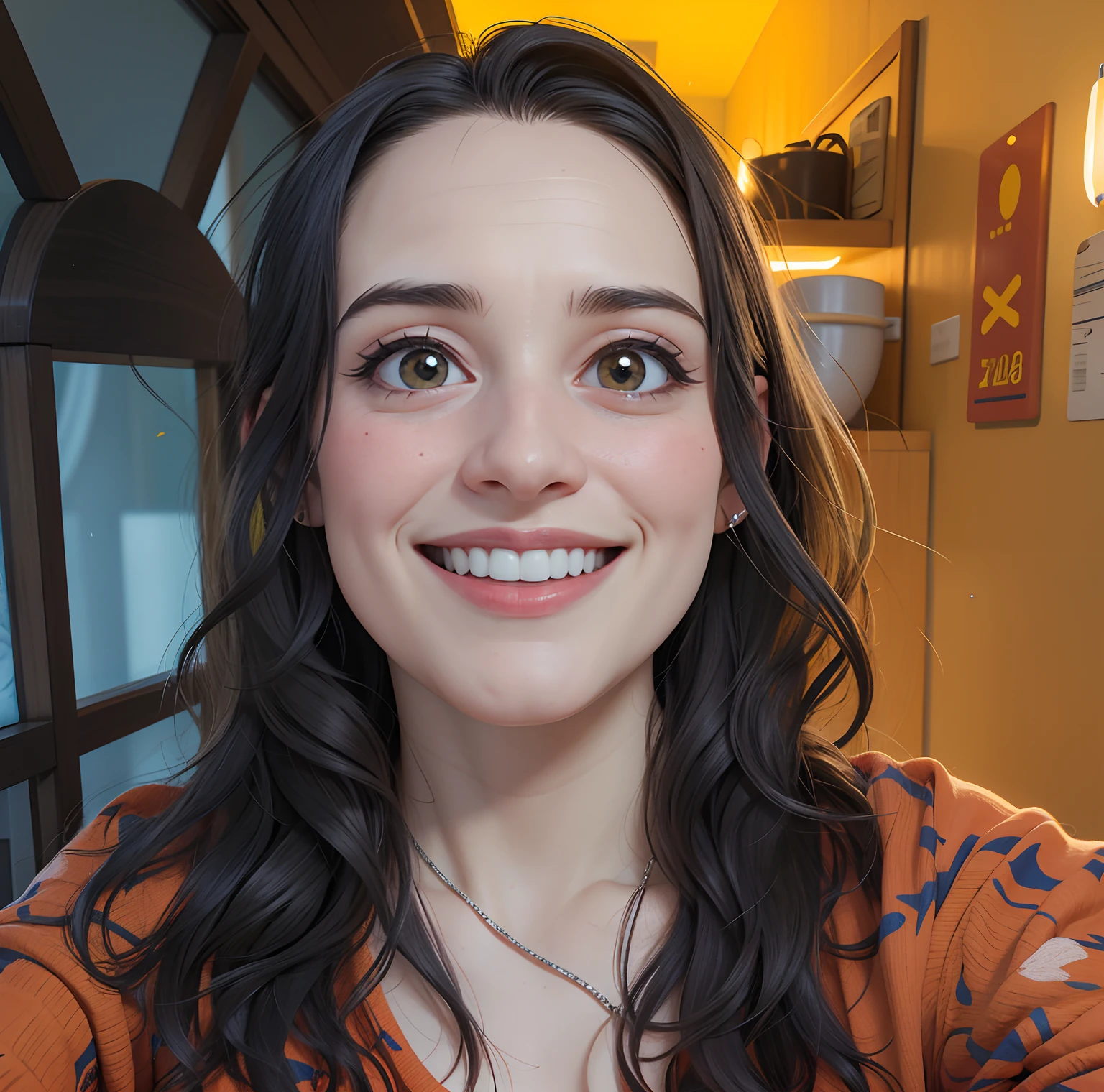 Mulher sorridente com cabelo longo e camisa laranja em uma cozinha, imagem de perfil, Directed by: Nandor Soldier, happily smiling at the camera, taken in the early 2020s, 3 0 anos de idade mulher, Mulher de 30 anos, fernanda suarez, Mulheres de 40 anos, 38 anos, 3 6 anos, retrato frontal