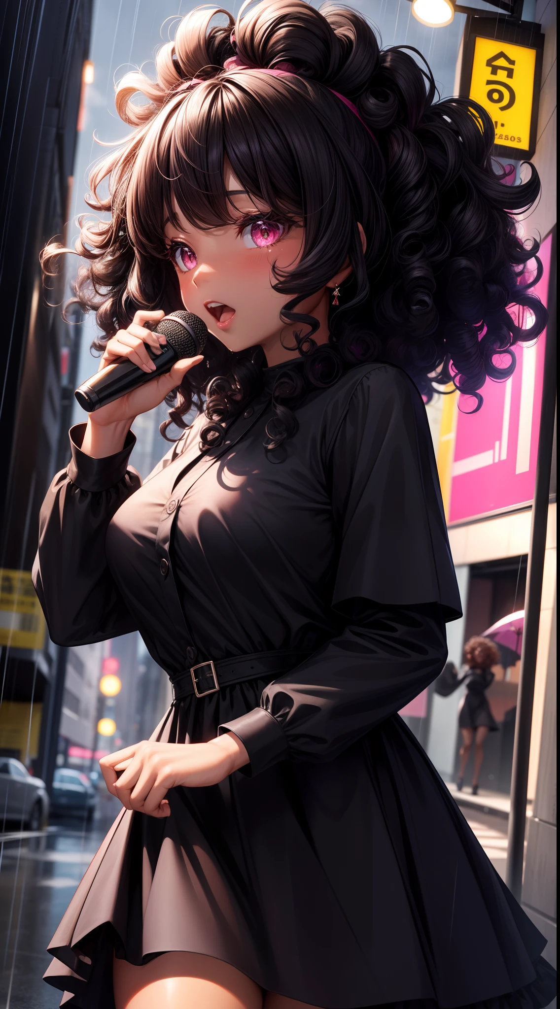 Masterpiece, of the best quality, a black girl, curly hair, pink eyes, long sparkling black dress, singing in the street on a rainy night.