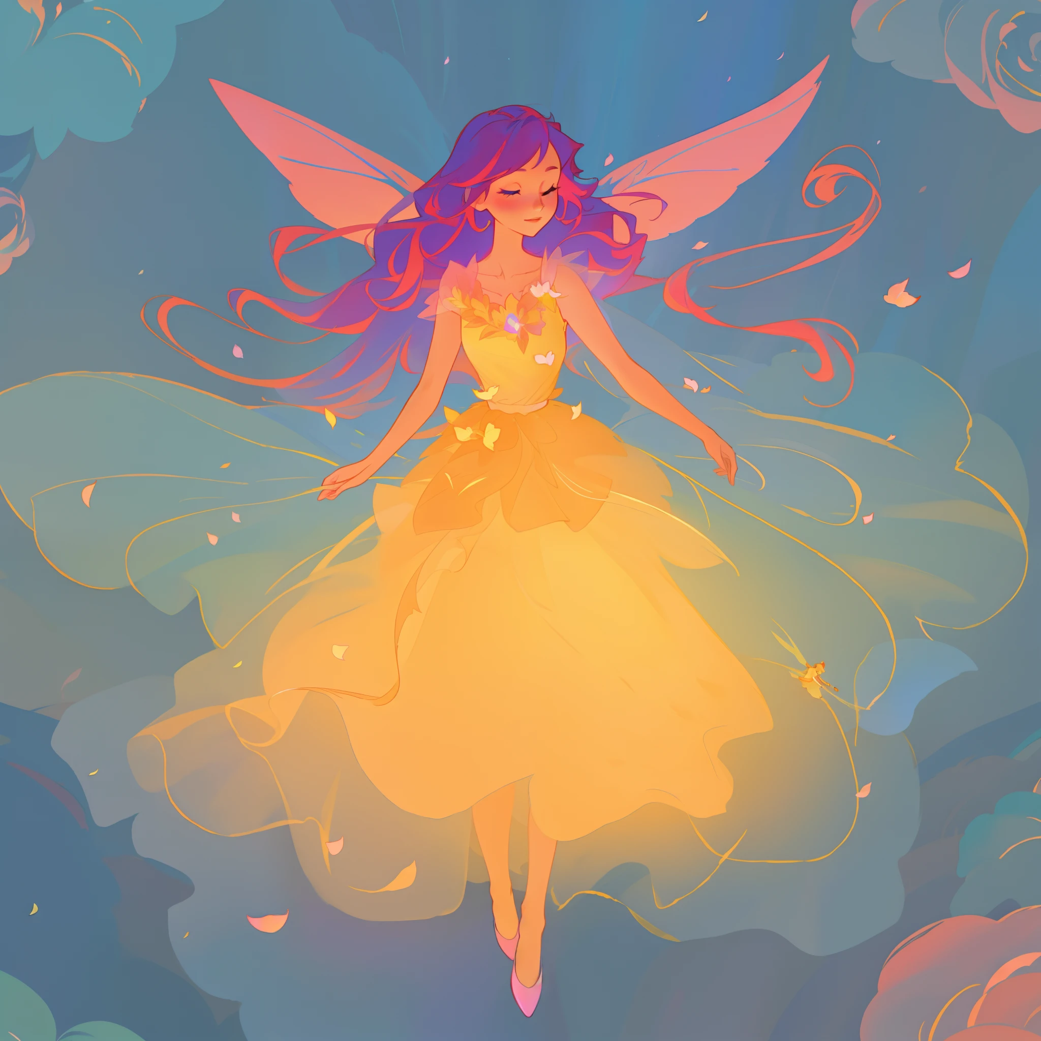 beautiful girl in tiered gradient ballgown dress, gradient warm color ballgown, ((layered flower petal skirt)), fairy dress, fairy queen, magical forest background, (glowing fairy wings), glowing flowing ballgown, long wavy hair, sparkling fairy wings, watercolor illustration, flowers and colorful plants, inspired by Glen Keane, inspired by Lois van Baarle, disney art style, by Lois van Baarle, glowing aura around her, by Glen Keane, jen bartel, glowing lights! digital painting, flowing glowing hair, glowing flowing hair, beautiful digital illustration, fantasia otherworldly landscape plants flowers, beautiful, masterpiece, best quality, anime disney style