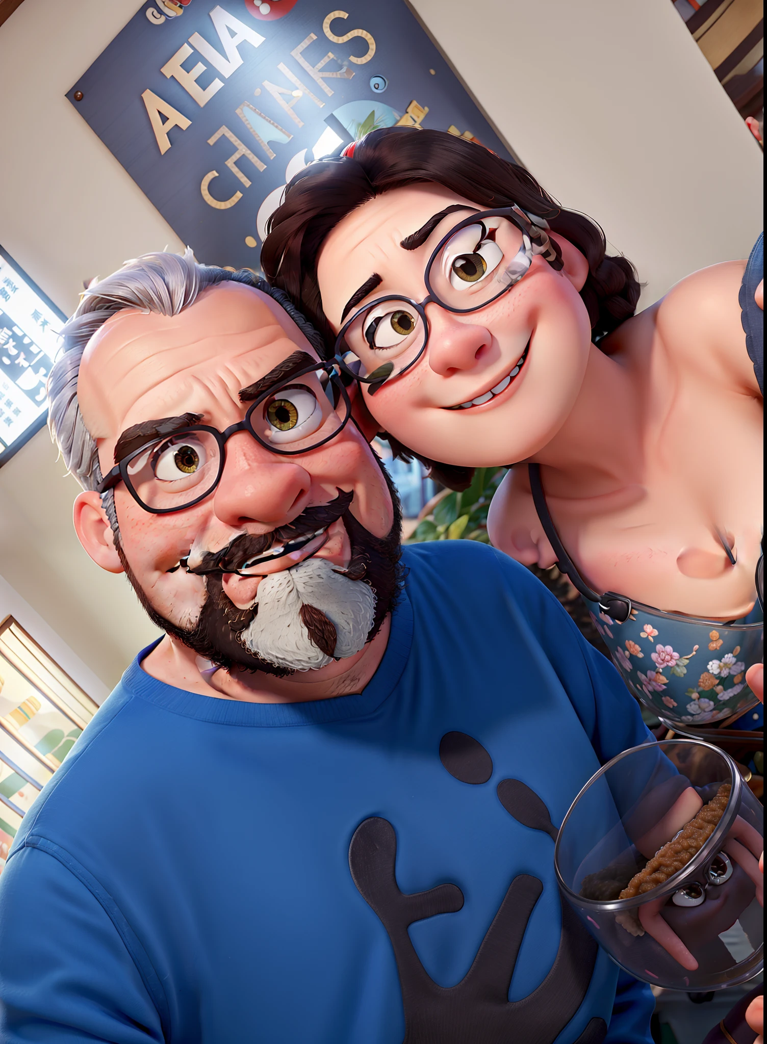 Pixar movie poster of a couple of young lovers taking a picture in Chinese restaurant. A tem cabelos claros e olhos castanhos, o meninoigode, Beard and glasses