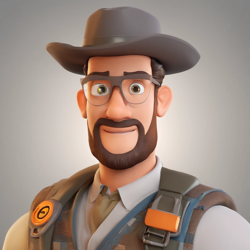 Criar um personagem no estilo Pixar. Trata-se de um homem de 30 anos, com barba, Branco, com cabelos castanhos curtos e um quiff, e olhos castanhos. Ele deve estar na frente de um computador, Trabalhar como designer
