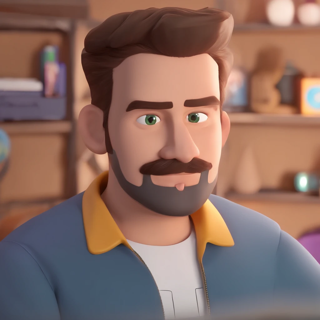 Criar um personagem no estilo Pixar. Trata-se de um homem de 30 anos, com barba, Branco, com cabelos castanhos curtos e um quiff, e olhos castanhos. Ele deve estar na frente de um computador, Trabalhar como designer