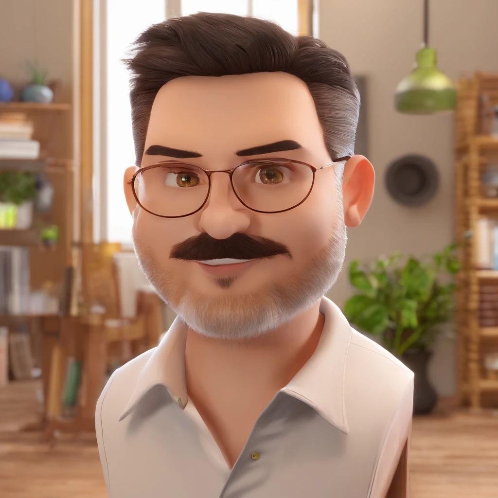 Criar um personagem no estilo Pixar. Trata-se de um homem de 30 anos, com barba, Branco, com cabelos castanhos curtos e um quiff, e olhos castanhos. Ele deve estar na frente de um computador, Trabalhar como designer