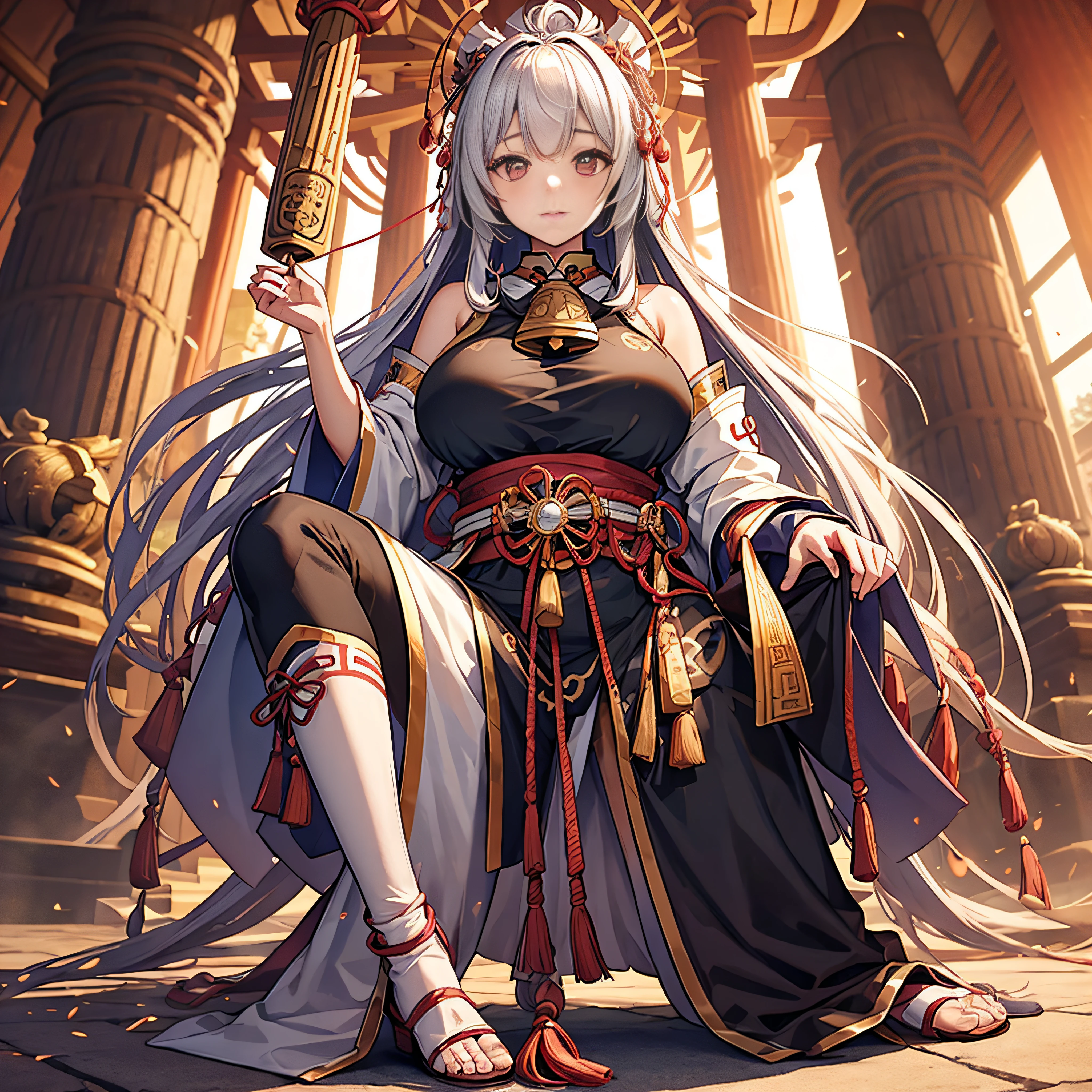 masutepiece, Best Quality,Unity 8k壁纸, ultra-detailliert, Beautiful and aesthetic, Beautiful, Official art, Amaterasu Priestess, SanDisk, Solar Flare Spell, Blessing of the Sun Goddess, divine intervention,Colossal tits、full body Esbian、A bell hangs on his chest huge udder High exposure Black costume Black Impulse