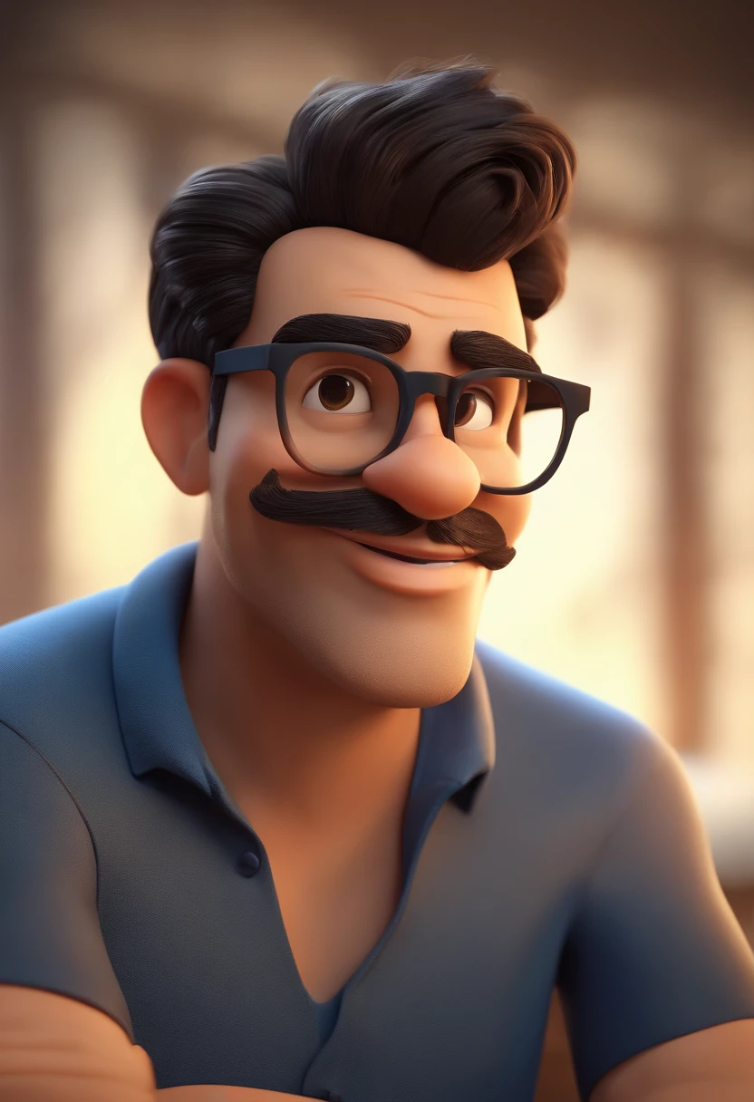 Cartoon character of a man with black glasses, cabelo cacheado marrom escuro e uma camisa azul, animation character, Caractere estilizado, animation style rendering, 3D estilizado, Arnold Maya render, 3 d render stylized, toon render keyshot, Personagem 3D, Personagem 3D, 3d rendering stylized, 3 d character render, personagem de desenho animado, Personagem de close up, Pose de personagem, (Estilo Pixar) (master part:1.2) (Bokeh) (best quality) (pele detalhada) (textura detalhada) (8k) (argila) (Cinematic lighting) (foco nítido