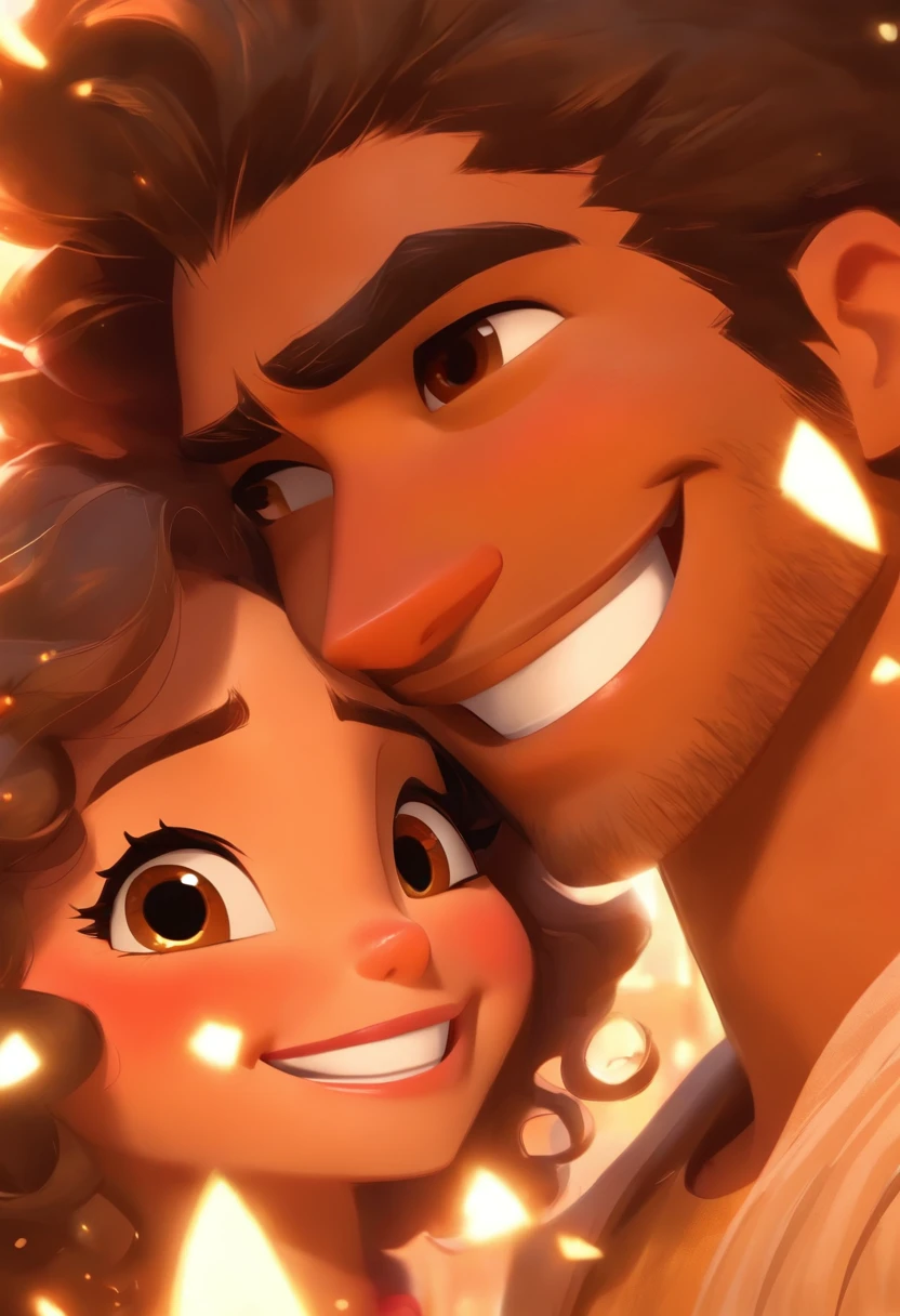 An illustration of an adorable couple, Spotlight on a smiling slim brunette man and a brown woman with beautiful expressive eyes - the man's skin is brown and the man's hair is low, while the woman's skin is brown and the woman's hair is curly and brown. They are a bright room, cada um com um sorriso no rosto, e compartilhar um momento especial caracterizado pelo amor, Insights. Illustrate this scene from a perspective where they are facing the camera, Smiling and Showing Your Connection. Desenvolva esta arte em Full HD, Focus on your cinematic touch, Estilo Disney Pixar Animations