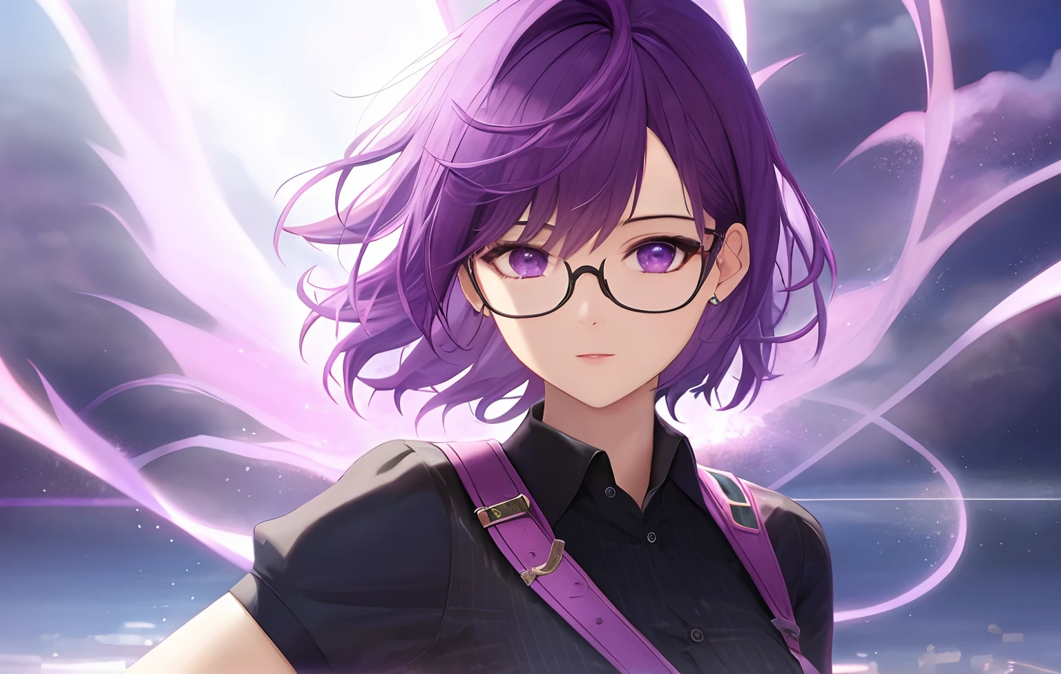 best quality, masterpiece, 4K, HD, High resolution, Perfect Body, Magical, Principal, Glasses, Female, Purple hair, Purple Theme, Short hair, Spiky hair