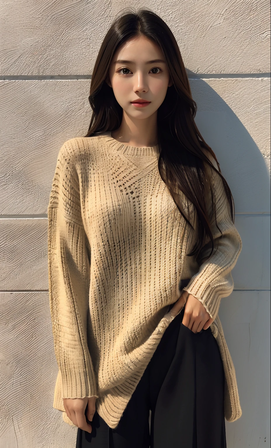 RAW photo, dynamic angle, highly detailed, soft light, 1girl, pale skin, korean, , innocent, smile, long brown hair, blue eyes, freckles, head tilted, white sweater, short skirt, wide thighs, fangs, v-shaped eyebrows, sit on kitchen table hand on it, look down, sad, glowing light, god rays, drop shadow 8k, masterpiece