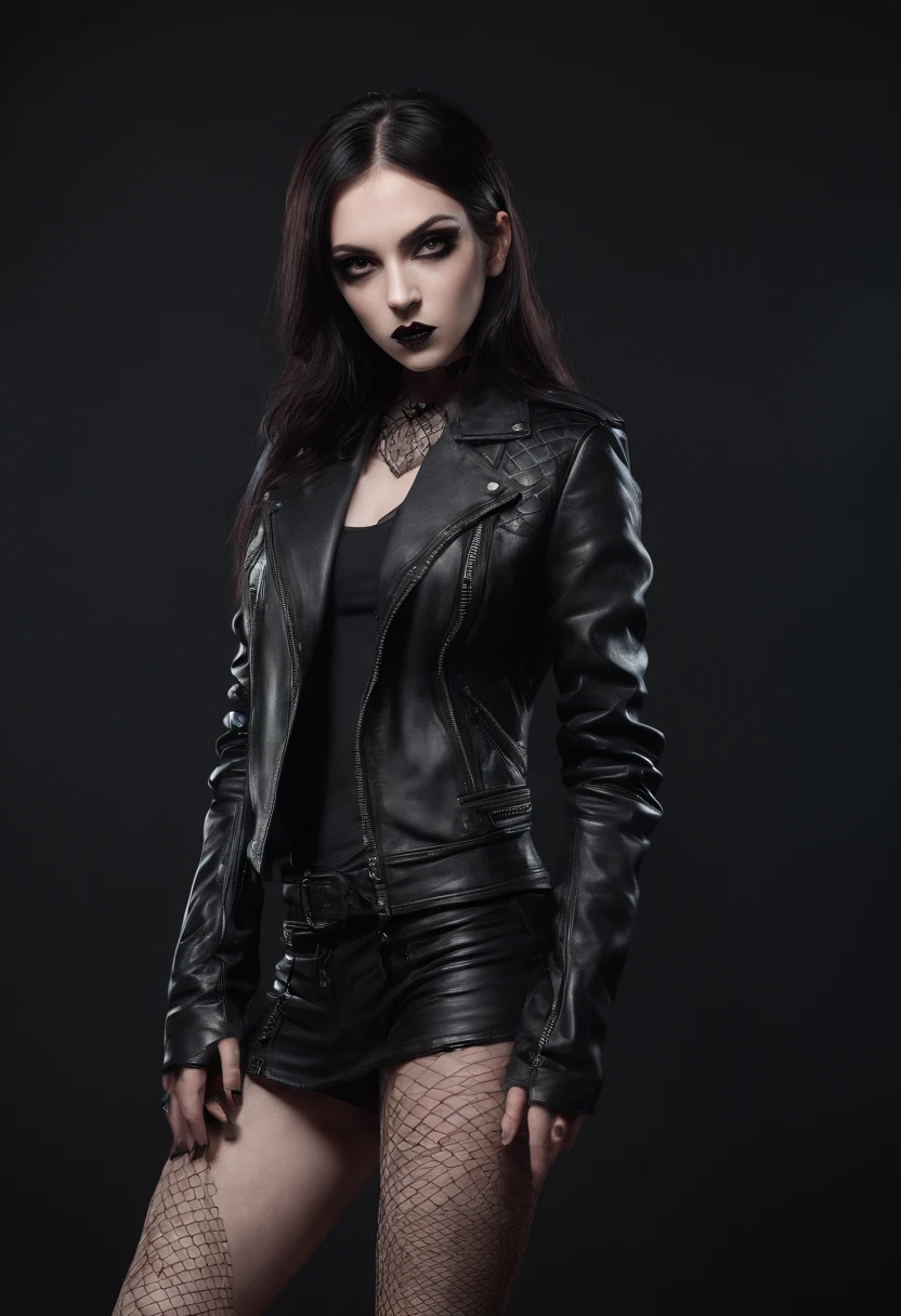 Full body shot of goth woman dressed in leather jacket and fishnet stockings in a dark studio, black make-up, sensual pose, perfect body, ultra detailed, photorealistic, masterpiece.