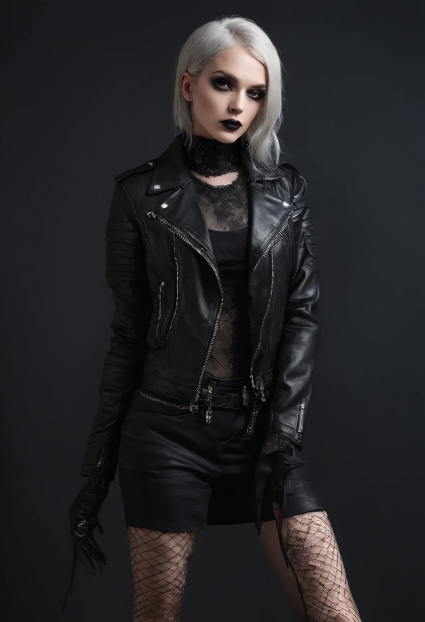Full body shot of a goth woman in lingerie with leather jacket and fishnet stockings in a dark studio, black make-up, sensual pose, perfect body, ultra detailed, photorealistic, masterpiece.
