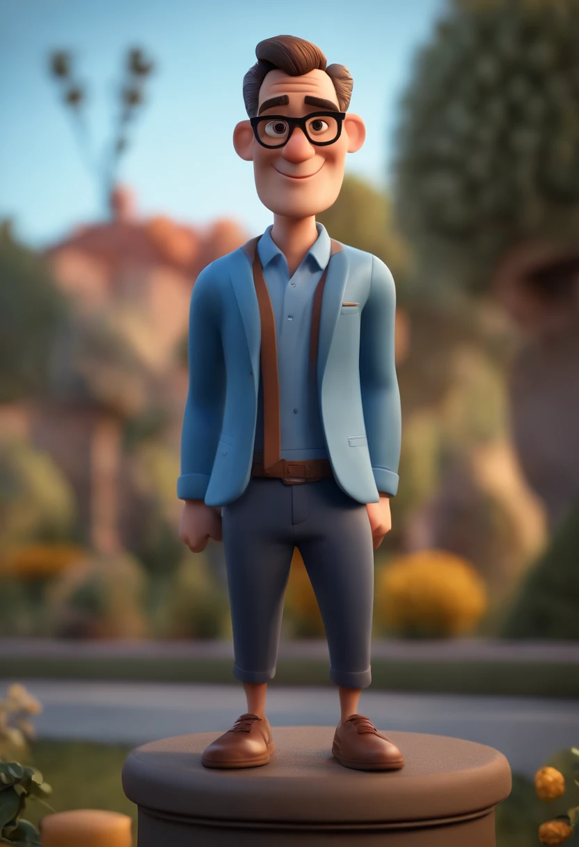 Cartoon character of a man wearing black glasses and a blue shirt, um personagem animado, Caractere estilizado, animation style rendering, 3D estilizado, Arnold Maya render, 3 d render stylized, toon render keyshot, Personagem 3D, Personagem 3D, 3d rendering stylized, 3 d character render, personagem de desenho animado, Personagem de close up, Pose de personagem, (Estilo Pixar) (master part:1.2) (Bokeh) (best quality) (pele detalhada) (textura detalhada) (8k) (argila) (Cinematic lighting) (foco nítido，Senta e vaza a parte superior do corpo