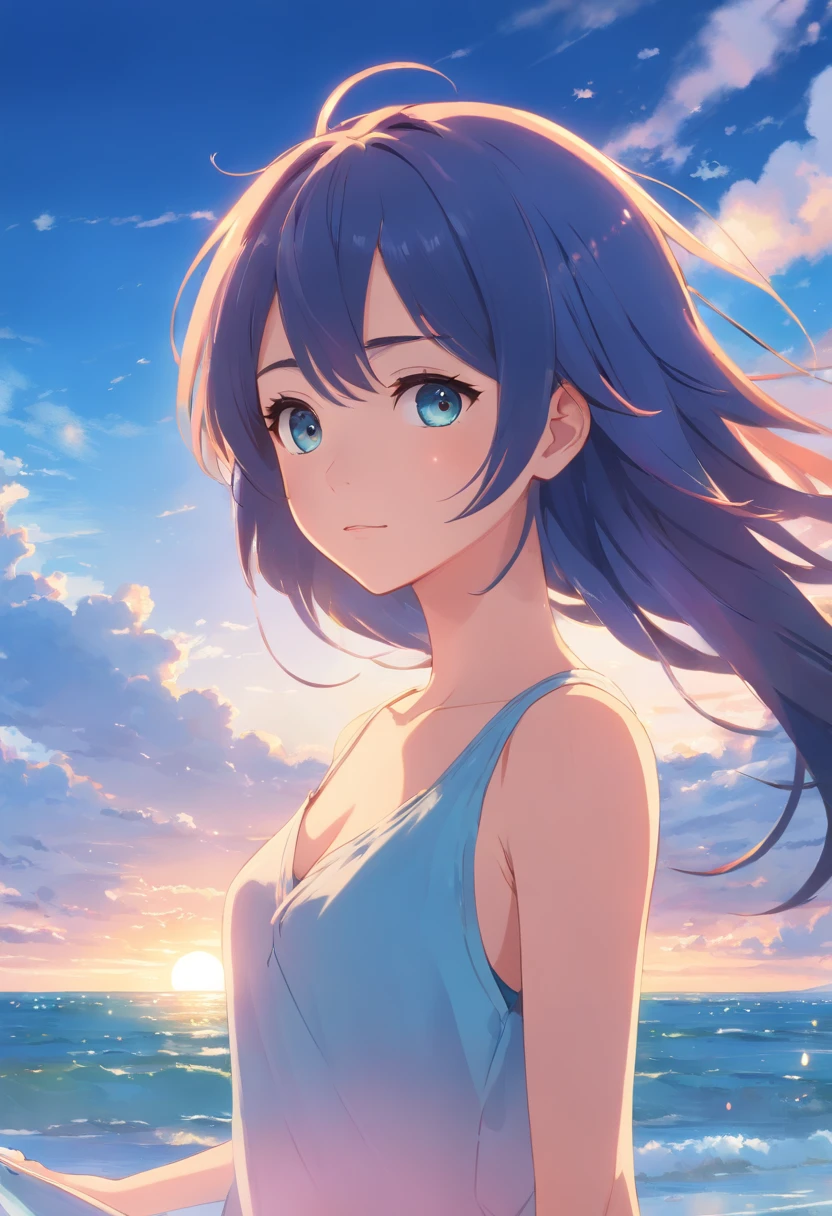 best qualtiy, High resolution, Detailed 4K CG, masutepiece, Awesome art, Fine details, high details, intricate-detail, Blue Long Hair, Girly feel, Big eyes, pure lust, lovely, Young and Beautiful, immortal，Flying ,, Light and shadow, light，Gorgeous clothes，Sea