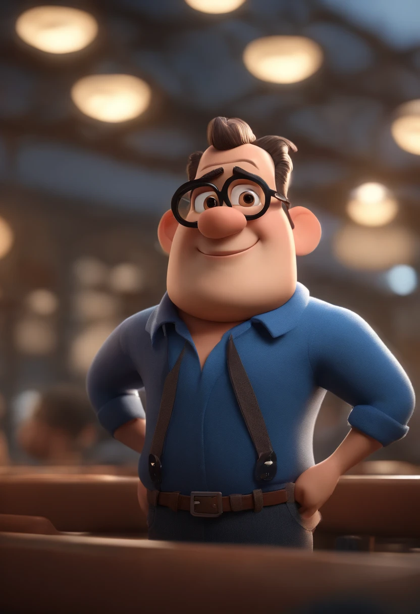Cartoon character of a man wearing black glasses and a blue shirt, um personagem animado, Caractere estilizado, animation style rendering, 3D estilizado, Arnold Maya render, 3 d render stylized, toon render keyshot, Personagem 3D, Personagem 3D, 3d rendering stylized, 3 d character render, personagem de desenho animado, Personagem de close up, Pose de personagem, (Estilo Pixar) (master part:1.2) (Bokeh) (best quality) (pele detalhada) (textura detalhada) (8k) (argila) (Cinematic lighting) (foco nítido,Senta e vaza a parte superior do corpo
