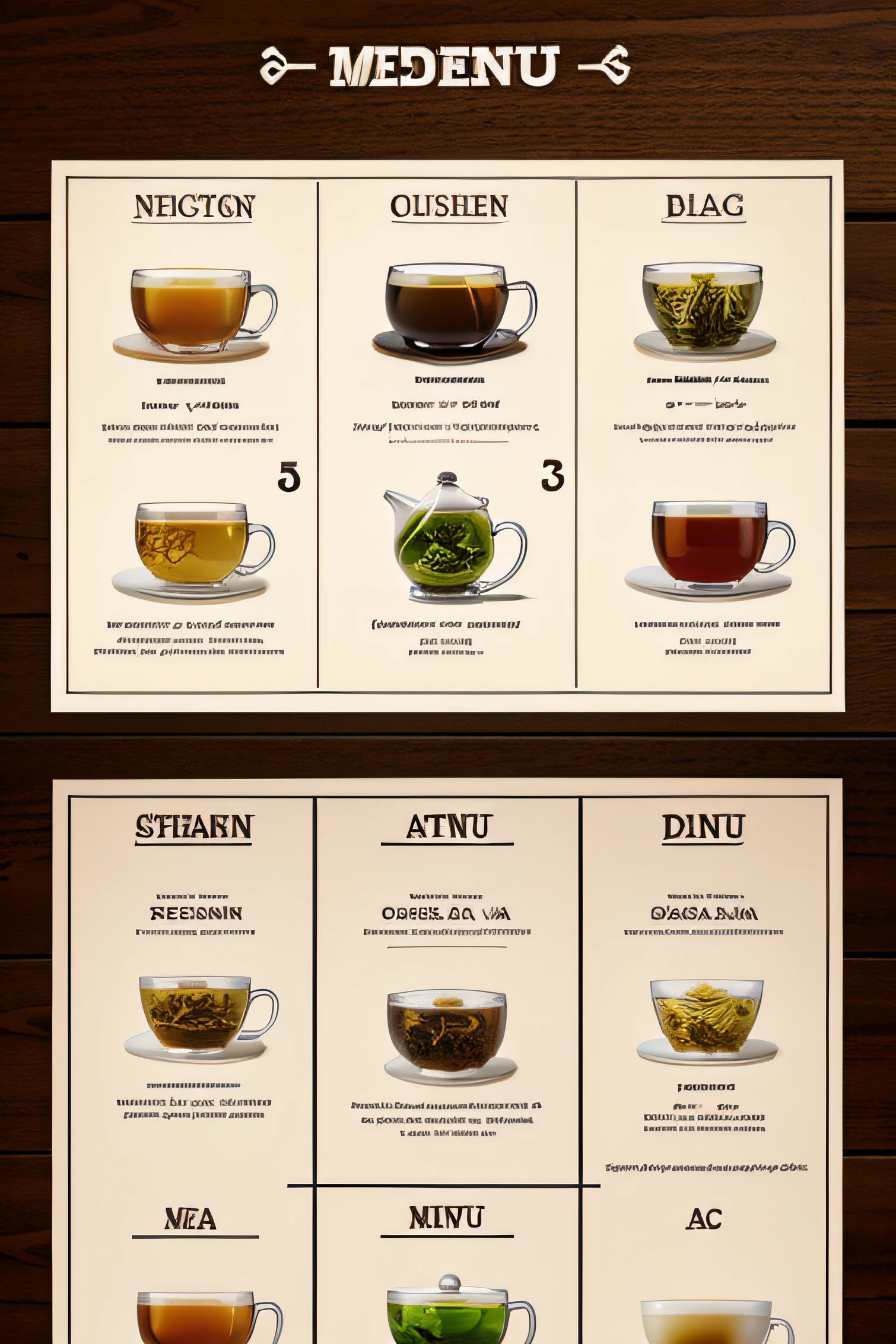 tea menu designed like a cataloge with picture and prices