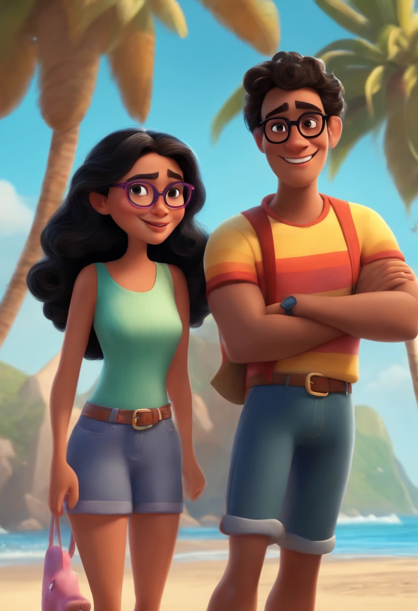 Disney pixar casal: um jovem, O homem tem cabelos castanhos claros, wears glasses and skinny and the woman has black hair, Wear glasses and are on a beach