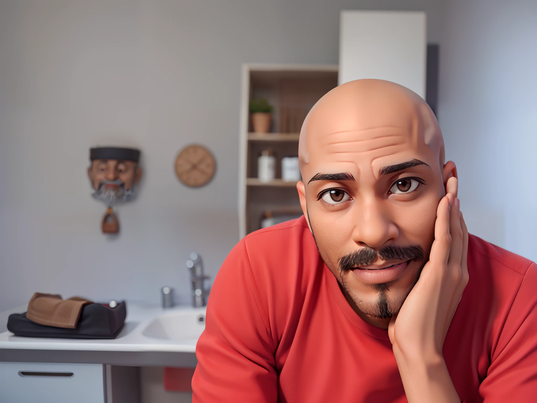 Successful black man, 48 years old, dark brown eyes, bald, no beard, shy smile, steady gaze, looking at camera