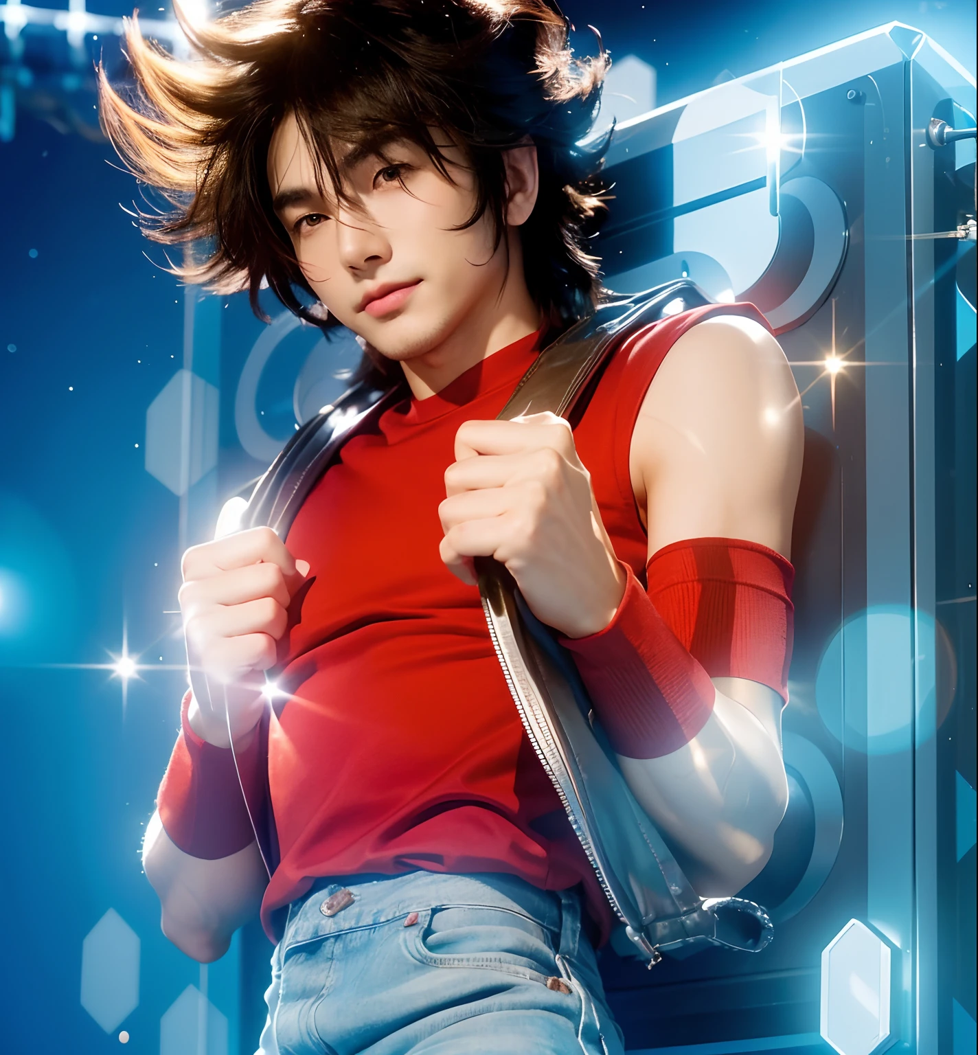 (masterpiece), (realistic) , close up port hair of a man, (male), 20 years old, asian (1boy), solo, slightly side view, pretty handsome man, ((pretty big brown eyes)), slightly smile, wearing, short brown hair, (bangs), hair blowing in the air, upper body, red regatta, bands on arms, light blue jeans, holding handles, metallic box at back, looking the viewer, cinematic lighting, ((beardless)).