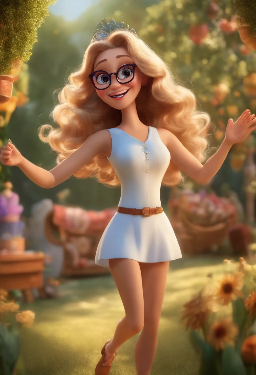 "(best quality,ultra-detalhado,Realistic:1.37),3D rendering,illustration,design de personagens,cabelos curtos e cacheados escuros,belos olhos detalhados,wearing white glasses,Estilo Pixar,morena mulher,Dancing on the Disney stage,atmosfera animada,vivid colors,luzes de palco,expression joyful"