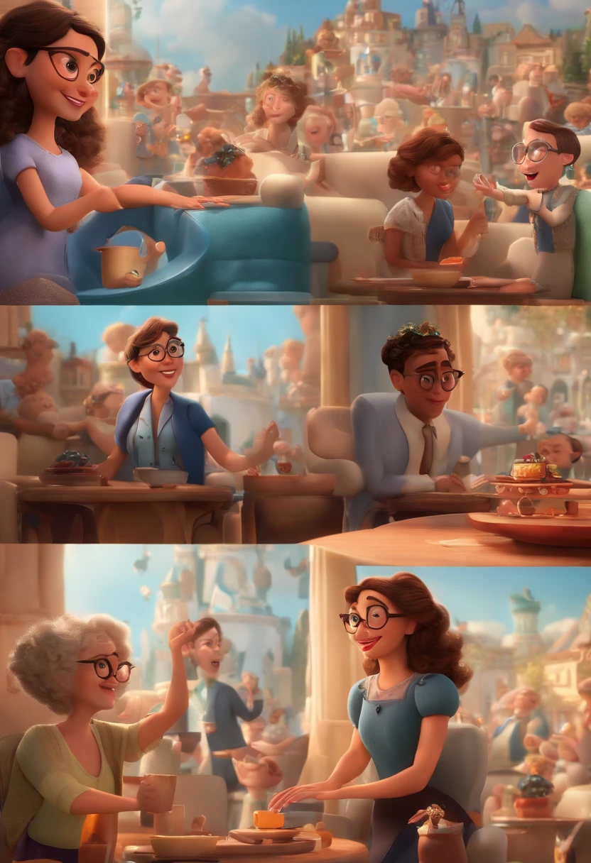 "(best quality,ultra-detalhado,Realistic:1.37),3D rendering,illustration,design de personagens,cabelos curtos e cacheados escuros,belos olhos detalhados,wearing white glasses,Estilo Pixar,morena mulher,Dancing on the Disney stage,atmosfera animada,vivid colors,luzes de palco,expression joyful"