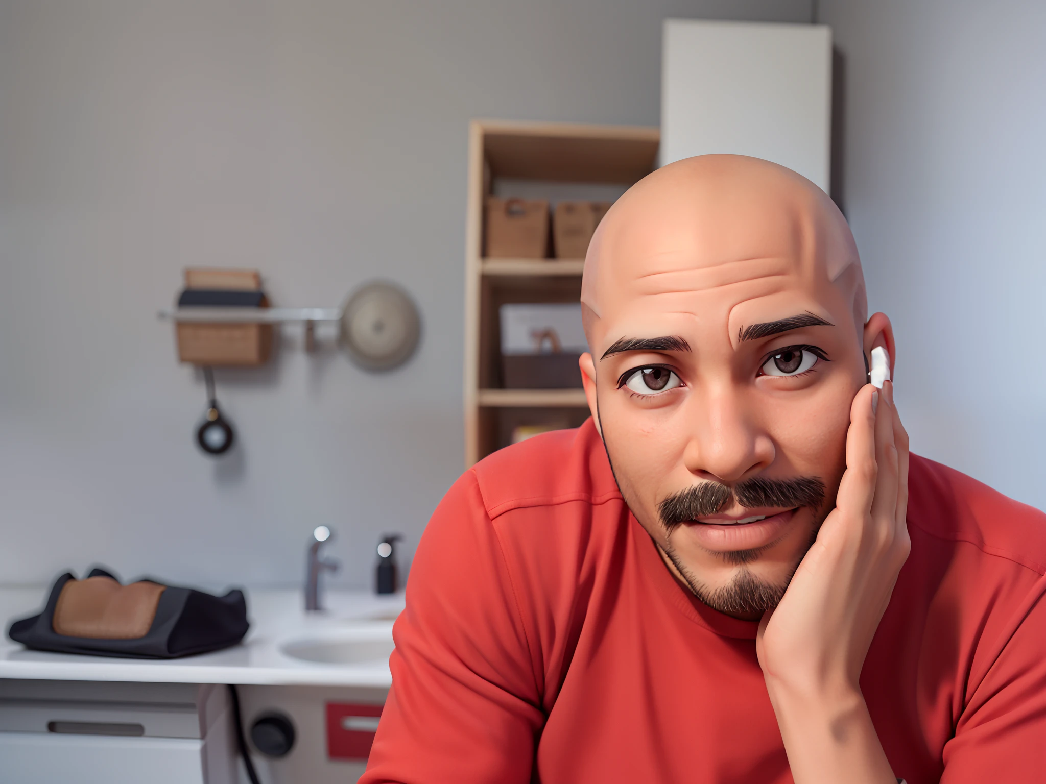 Successful black man, 48 years old, dark brown eyes, bald, no beard, shy smile, steady gaze, looking at camera