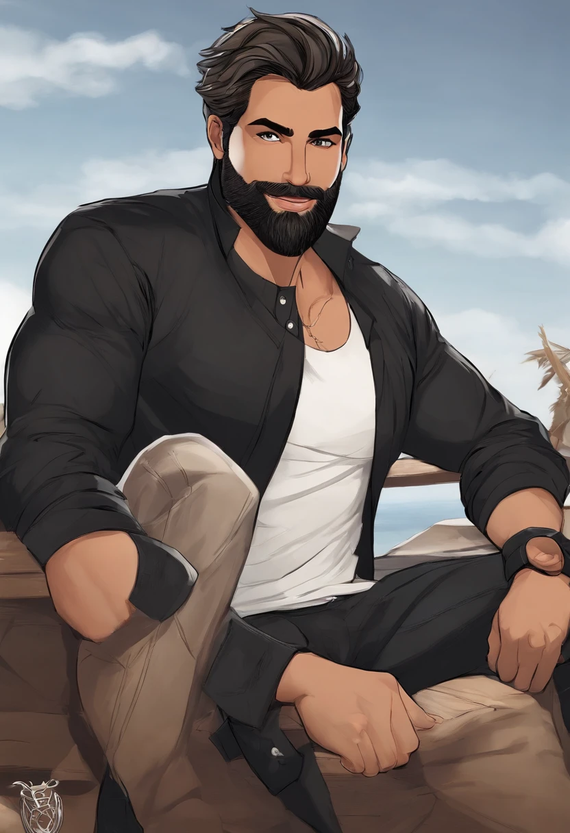 Personagem de desenho animado de um homem com cabelo metade branco metade preto, barba por fazer, sobrancelha com um risquinho do lado esquerdo, camiseta preta com uma corrente de prata, With a smile and like beer in my hand
