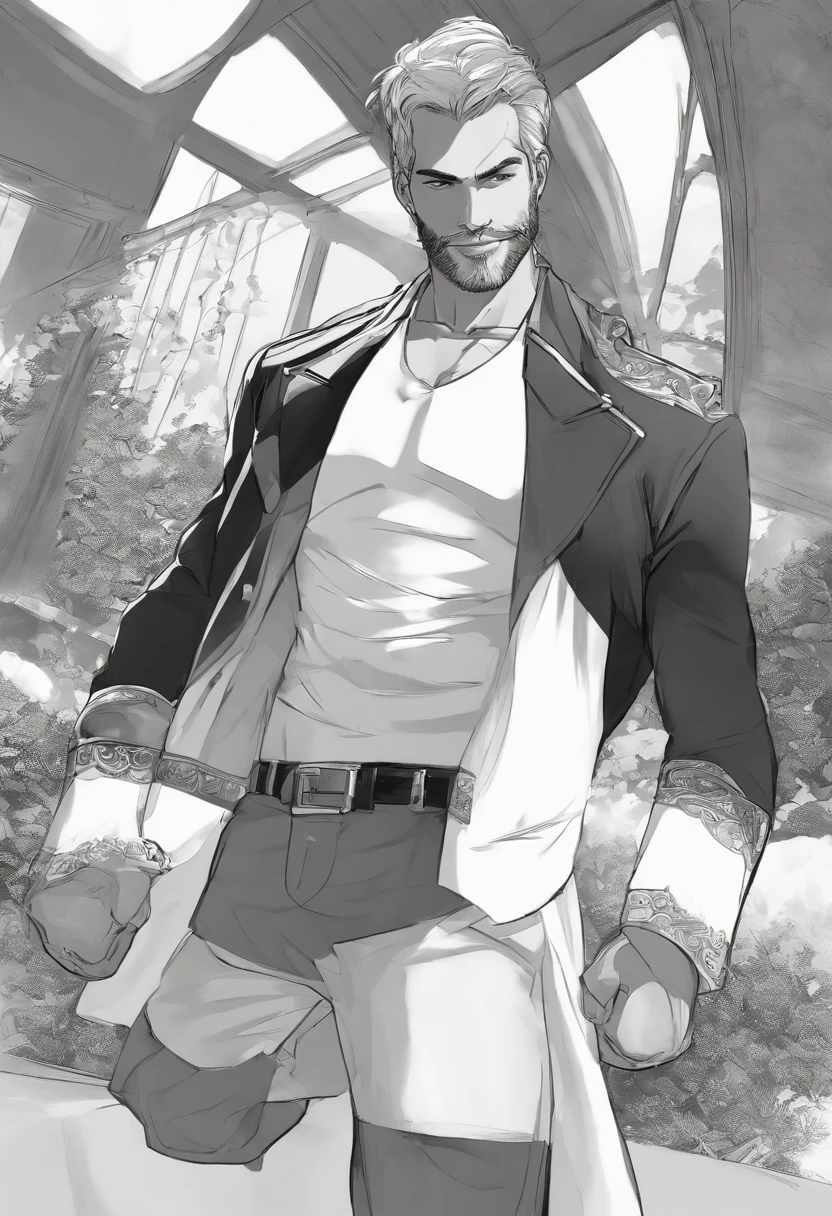 Personagem de desenho animado de um homem com cabelo metade branco metade preto, barba por fazer, sobrancelha com um risquinho do lado esquerdo, camiseta preta com uma corrente de prata, With a smile and like beer in my hand