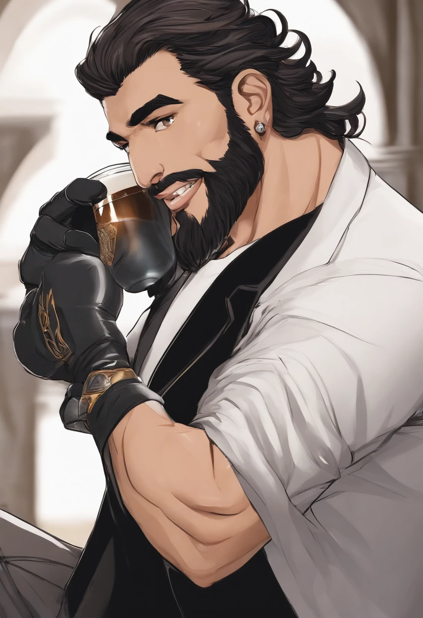 Personagem de desenho animado de um homem com cabelo metade branco metade preto, barba por fazer, sobrancelha com um risquinho do lado esquerdo, camiseta preta com uma corrente de prata, With a smile and like beer in my hand