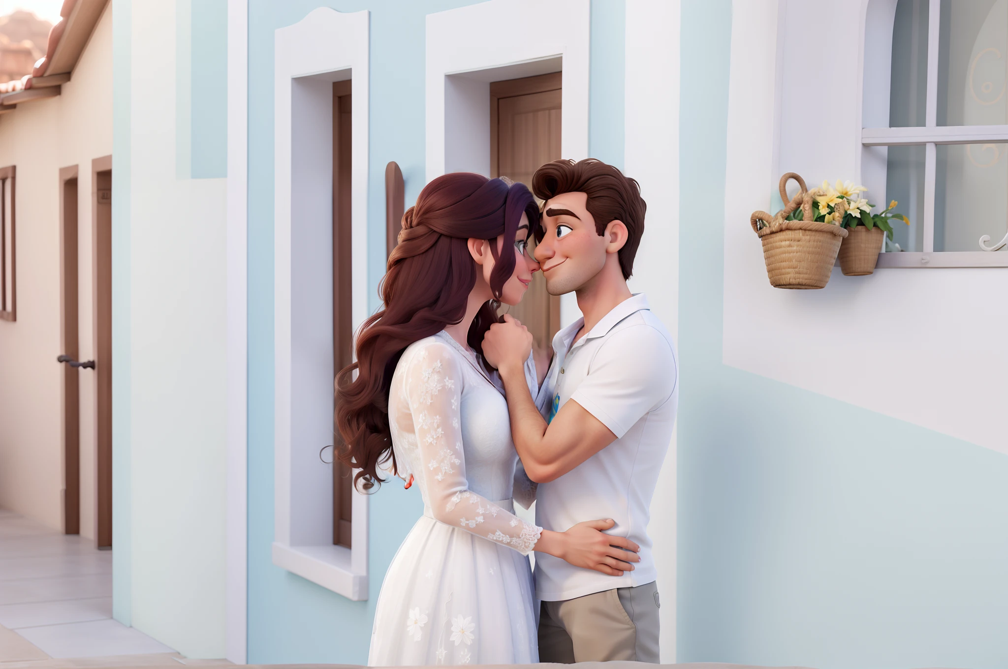 Obra-prima, de melhor qualidade,  Disney casal de branco no clima de romance em casas coloridas