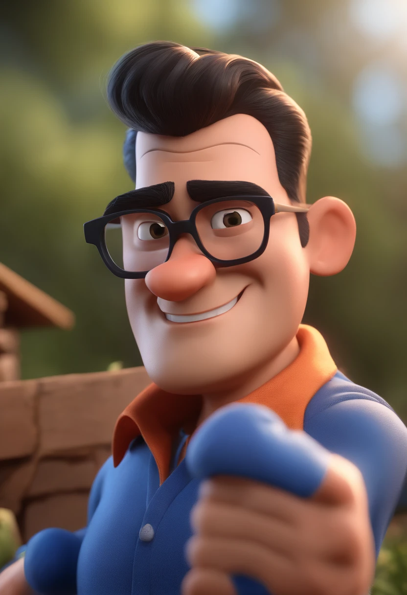 Cartoon character of a man with black glasses and a blue shirt, animation character, Caractere estilizado, animation style rendering, 3D estilizado, Arnold Maya render, 3 d render stylized, toon render keyshot, Personagem 3D, Personagem 3D, 3d rendering stylized, 3 d character render, personagem de desenho animado, Personagem de close up, Pose de personagem,  (Estilo Pixar) (master part:1.2) (Bokeh) (best quality) (pele detalhada) (textura detalhada) (8k) (argila) (Cinematic lighting) (foco nítido