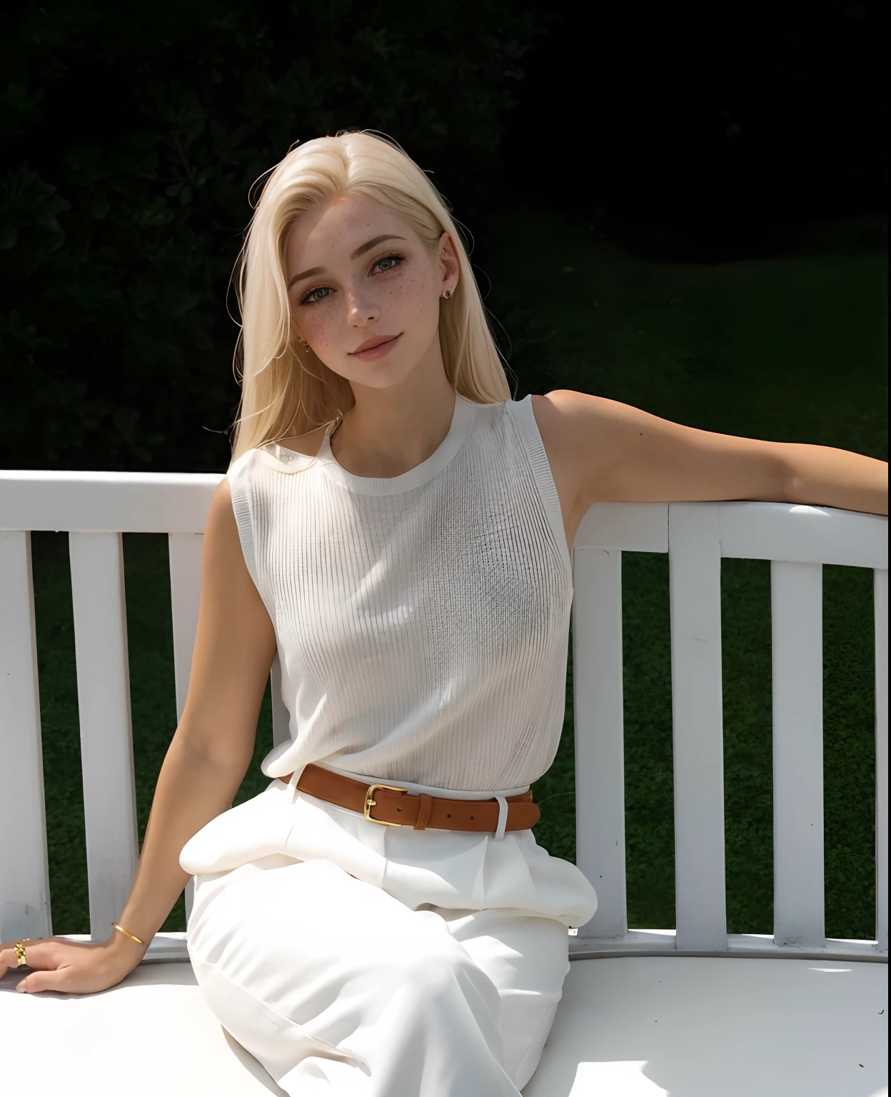mulher, americana, 25 anos, pale skin and freckles, olhos cinzas, nariz delicado, soft and delicate lips, longo, cabelo blondie longo e ondulado na altura da cintura, sorriso meigo, face with delicate feminine facial features, altamente renderizado