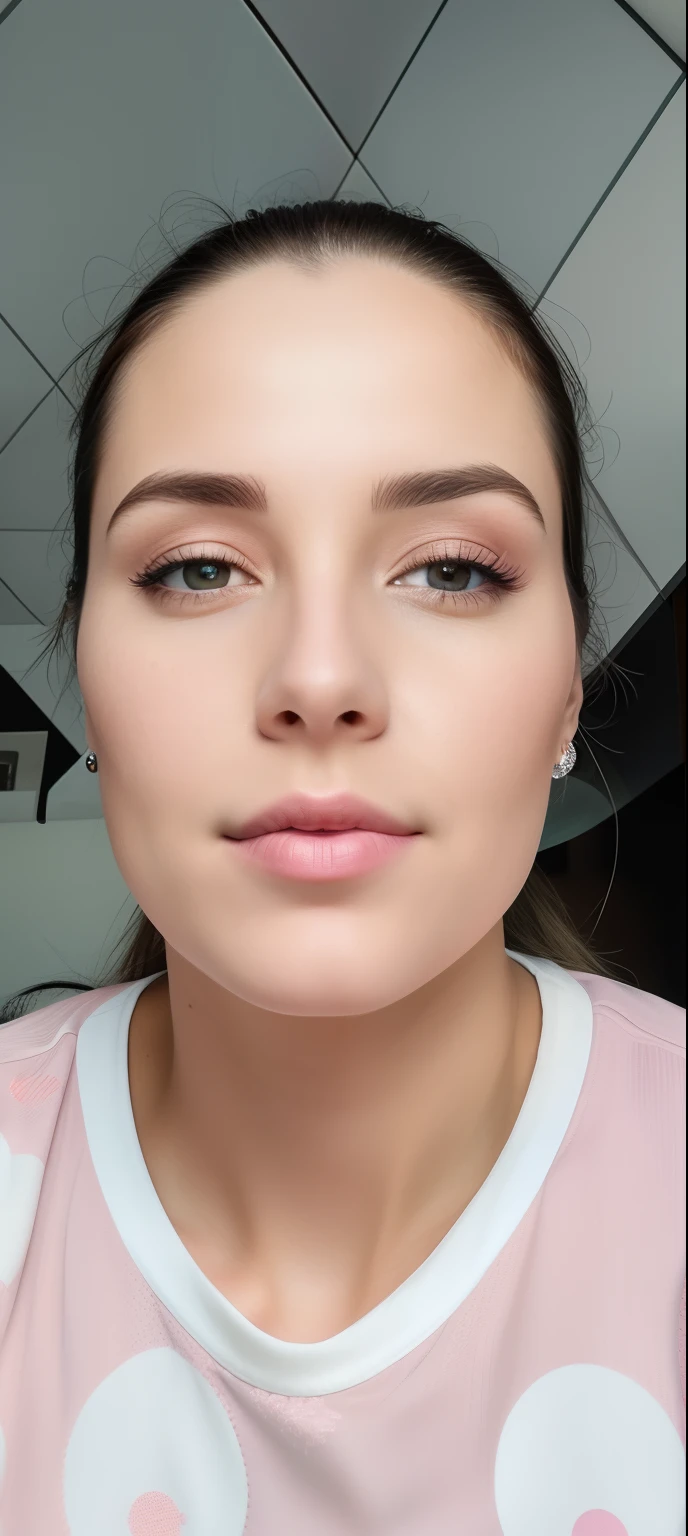 There's a woman in a pink shirt and a white polka dot shirt, rosto completo close up retrato, close - para cima no rosto, neck zoomed in from lips down, full - rosto close - retrato para cima, rosto detalhado de uma mulher, fechar o rosto, close up no rosto, close up do rosto, woman's face looking off camera