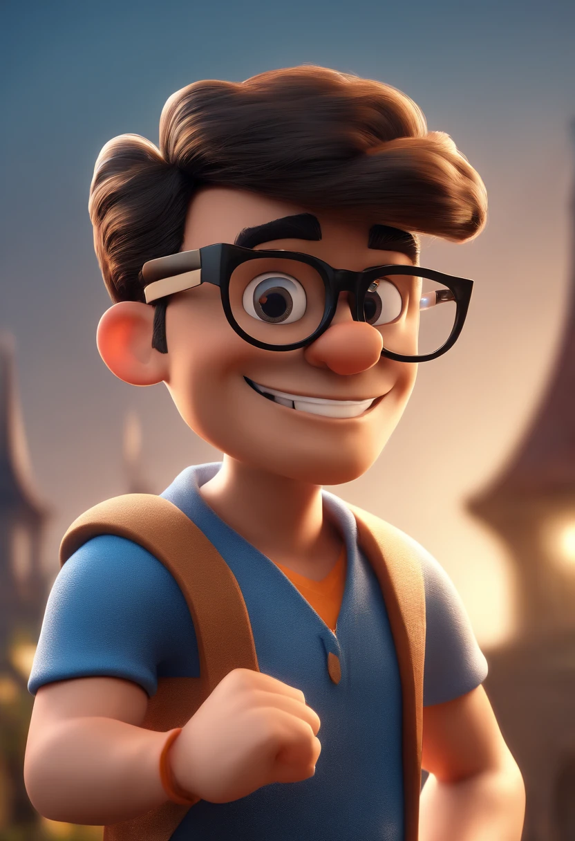 Cartoon character of a man with black glasses and a blue shirt, animation character, Caractere estilizado, animation style rendering, 3D estilizado, Arnold Maya render, 3 d render stylized, toon render keyshot, Personagem 3D, Personagem 3D, 3d rendering stylized, 3 d character render, personagem de desenho animado, Personagem de close up, Pose de personagem, (Estilo Pixar) (master part:1.2) (Bokeh) (best quality) (pele detalhada) (textura detalhada) (8k) (argila) (Cinematic lighting) (foco nítido