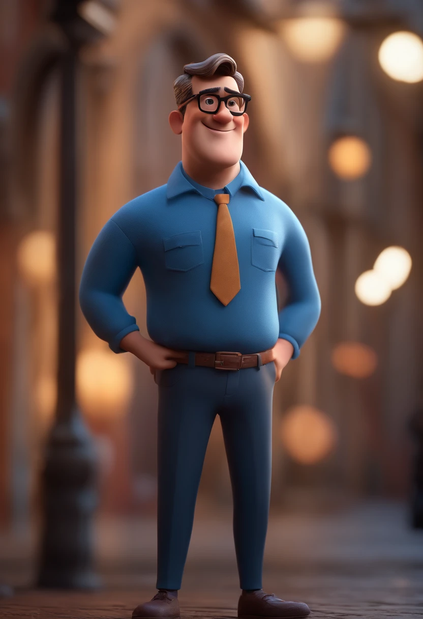 Cartoon character of a man with black glasses and a blue shirt, animation character, Caractere estilizado, animation style rendering, 3D estilizado, Arnold Maya render, 3 d render stylized, toon render keyshot, Personagem 3D, Personagem 3D, 3d rendering stylized, 3 d character render, personagem de desenho animado, Personagem de close up, Pose de personagem, (Estilo Pixar) (master part:1.2) (Bokeh) (best quality) (pele detalhada) (textura detalhada) (8k) (argila) (Cinematic lighting) (foco nítido