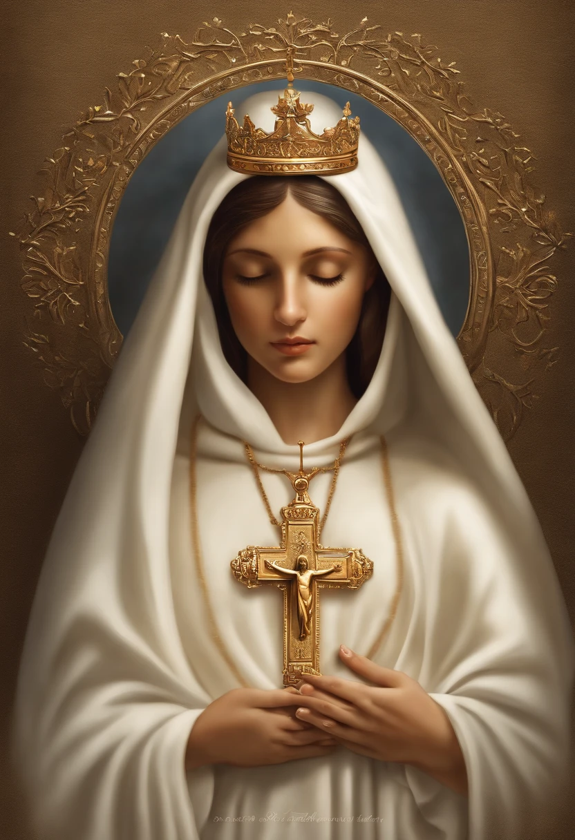 fundo branco, Our Lady of Fatima. Serene face and his eyes are closed and express calmness and pity. Dark hair but all covered by the long white veil that falls over her shoulders. seu manto branco que cobre todo o corpo (except the hands and feet) com detalhes dourados nas bordas (no colarinho e na cintura). Your necklace is a miraculous medal. He wears a gold Marian crown on his head (que tem uma cruz no topo). Her hands are praying and holding a Rozário (contas brancas e uma cruz dourada). She is standing in a prayer position. Her feet are bare in a white novem. The cloud is on top of a small bush-like tree, vector illustration,vector illustration