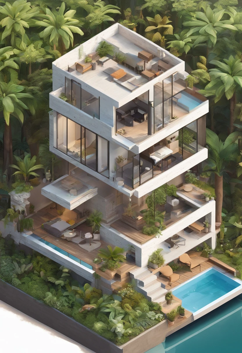 casa moderna, em formato de ovo, concreto, floresta tropical, escada pequena, piscina ciruclar, lots of vegetation,heaven