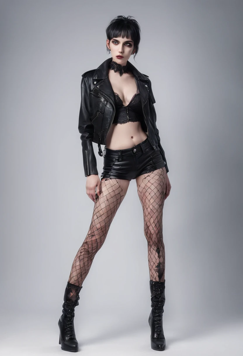 Full body shot of a goth woman in lingerie with leather jacket and fishnet stockings in a dark studio, black make-up, sensual pose, perfect body, ultra detailed, photorealistic, masterpiece.