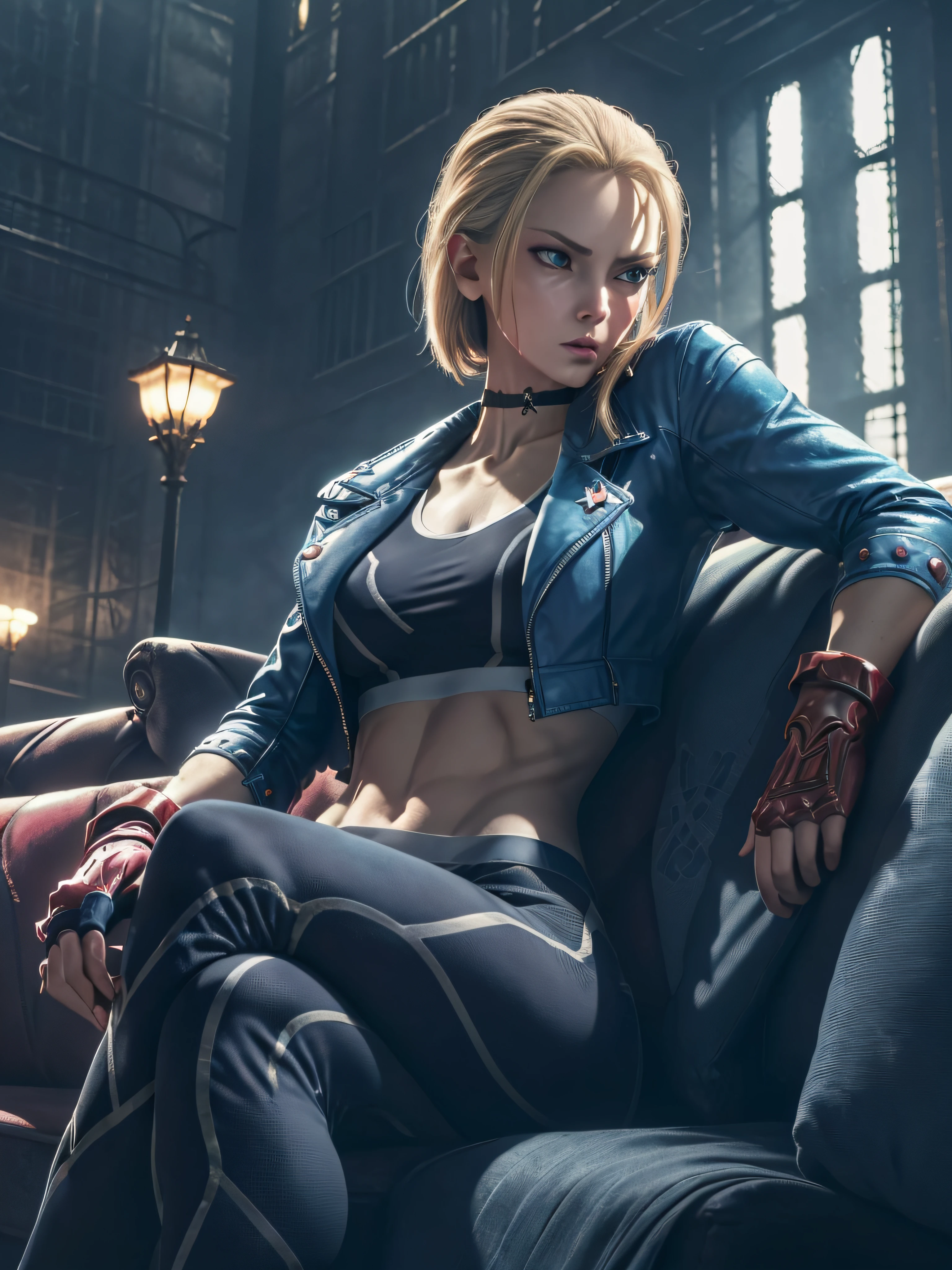 "(exquisitely detailed CG unity 8k wallpaper, masterpiece-quality with stunning realism), (best illumination, best shadow), (best quality), (elegant and demonic style:1.2), Arti modern anime. angled view, heroic pose, closeup full body portrait medium shot of cammy, navy blue sports bra, light blue open jacket, navy blue yoga pants, red gloves, Abdominal muscle, muscle, (eyes looking at viewer:1.0), abs, depth of field blur effect, night, full zoom, action portrait, photorealistic. cinematic lighting, highly detailed. best quality, 4k, Better hand, perfect anatomy, leaning forward, foreshortening effects, (cute coy flirty sexy expression), foreshortening effect, (piercing eyes:0.8), surrounded by an ominous and dark atmosphere, accentuated by dramatic and striking lighting, imbued with a sense of surreal fantasy", (mature:0.5) (sitting on a sofa sophisticated crossed legs:1.6) (inside MI6 headquarters:1.5) (alone:1.5)