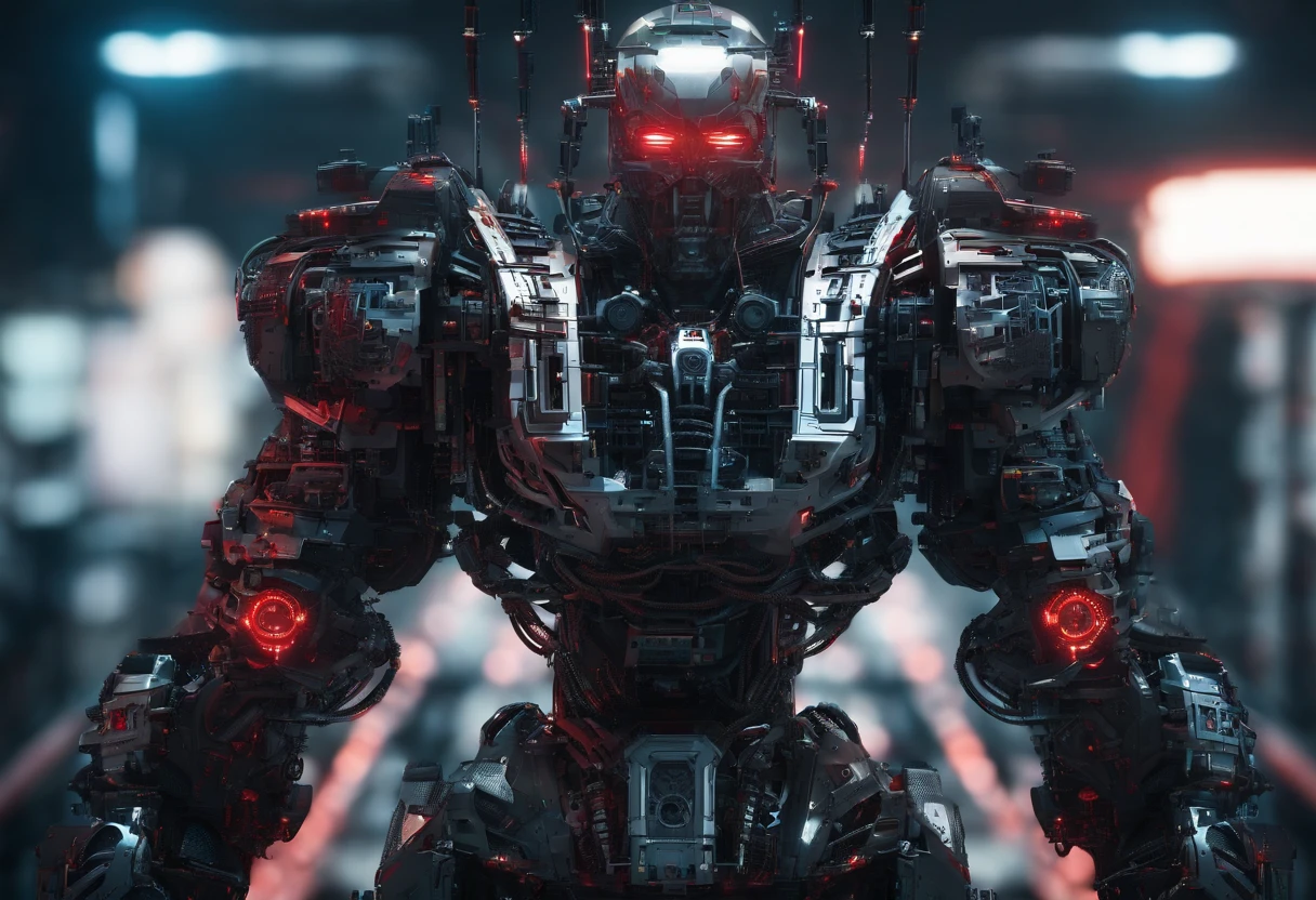(Mechanical Warrior: 1.2), Cyberpunk, Close-up, Front view, Symmetrical left-right composition, (Red is the dominant color: 0.7),