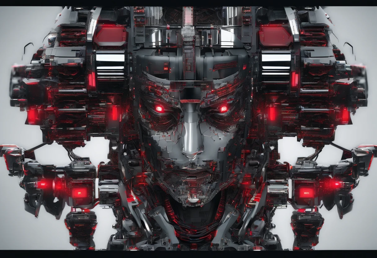 (Mechanical Warrior: 1.2), Cyberpunk, Close-up, Front view, Symmetrical left-right composition, (Red is the dominant color: 0.7),