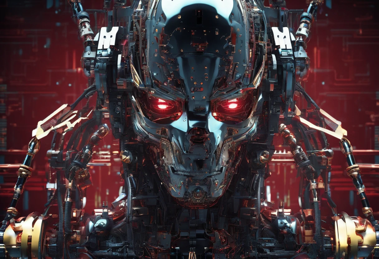 (Mechanical Warrior: 1.2), Cyberpunk, Close-up, Front view, Symmetrical left-right composition, (Red is the dominant color: 0.7),