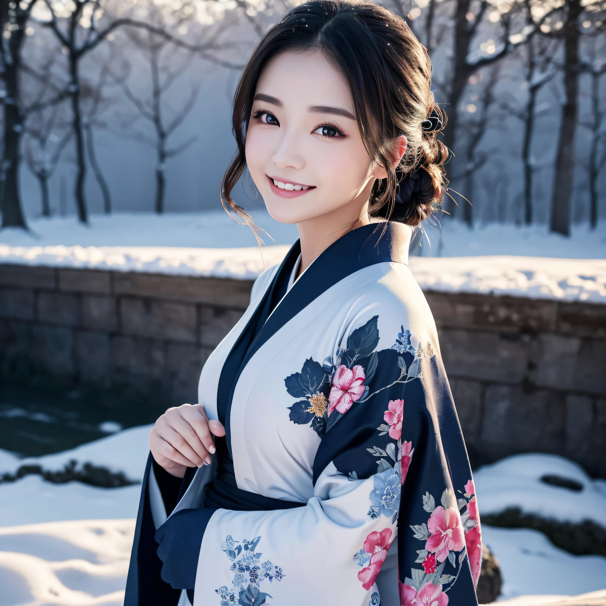 (Super beautiful woman in kimono)、((best qualtiy、8k masterpieces:1.3))、foco nítido:1.2、(ultra beautiful faces:1.0)、(shinny skin:1.0)、photos realistic、A dark-haired、Video Lighting、High-definition eyes and face、Video Lighting、Japanese actressl、from the front side、medium breasts、With a happy smile、Slender Abs Beauty、Whole body、wearing kimonos、In a snowy landscape in the middle of winter