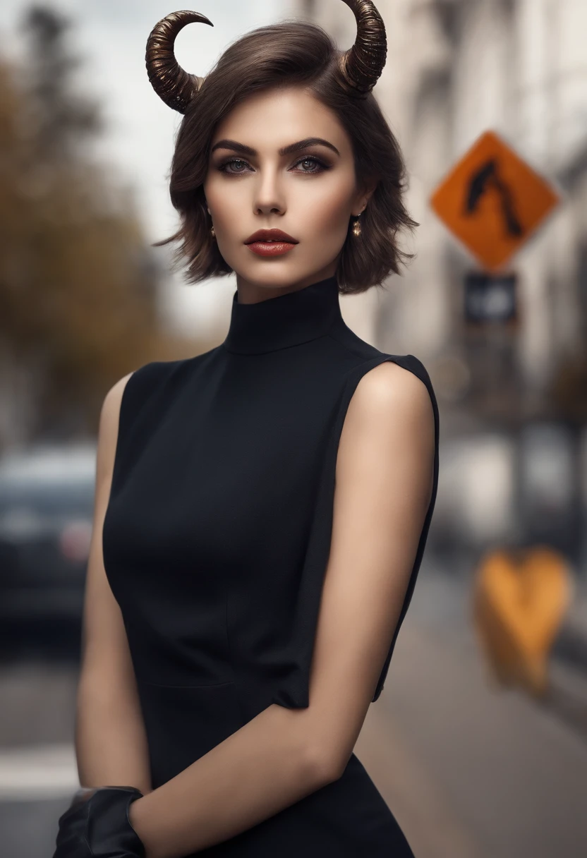 master part, best quality, 1girl,pequeno,seios pequenos,short hair,cabelos brancos,dentes afiados,Presas,Gargantilha,olhos azuis,heart-shaped shaped pupils,demon horns,corar,(ao ar livre,pavimento,Traffic signal,road signs),Olhando para o Viewer