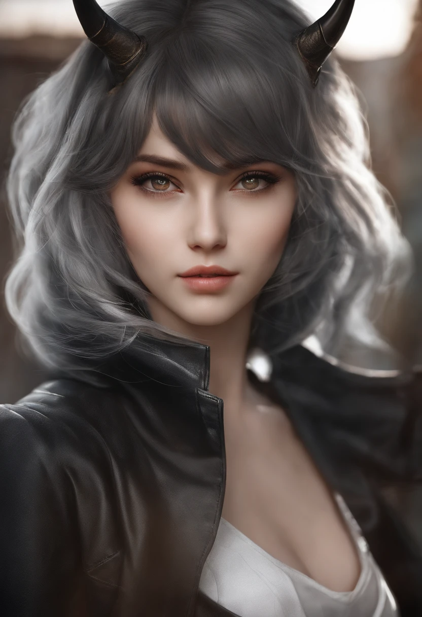 master part, best quality, 1girl,pequeno,seios pequenos,short hair,cabelos brancos,dentes afiados,Presas,Gargantilha,olhos azuis,heart-shaped shaped pupils,demon horns,corar,(ao ar livre,pavimento,Traffic signal,road signs),Olhando para o Viewer